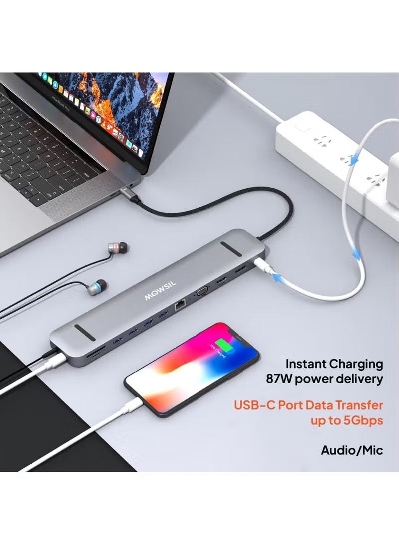 MOWSIL محطة إرساء USB C من موصل 13 في 1 مع شحن PD بقوة 100 واط (65 واط لجهاز الكمبيوتر)، 1 HDMI، منفذ عرض، إيثرنت، قارئ بطاقات TF/SD، مقبس صوت 3.5 مم و 4 USB 3.0، محطة Type C لنظامي ويندوز وماك أو إس - Image 2